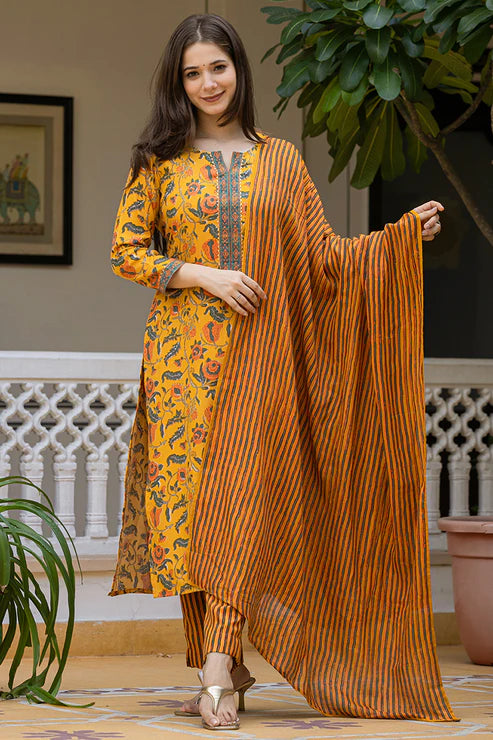 Yellow Rayon Blend Floral Printed Straight Trouser Suit Set