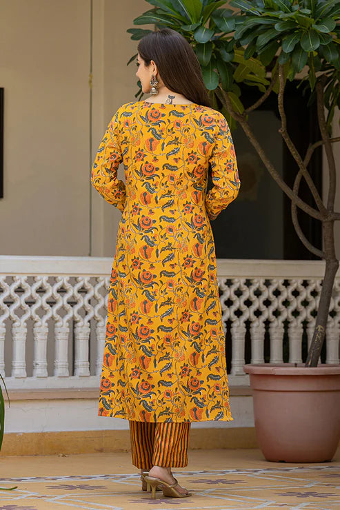 Yellow Rayon Blend Floral Printed Straight Trouser Suit Set