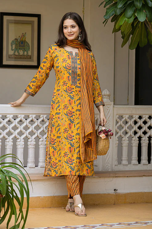 Yellow Rayon Blend Floral Printed Straight Trouser Suit Set