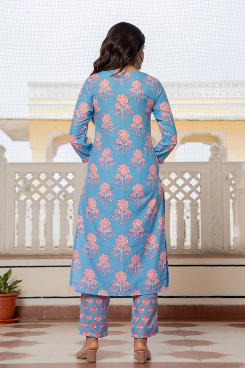 Blue Rayon Blend Floral Printed Straight Trouser Suit Set