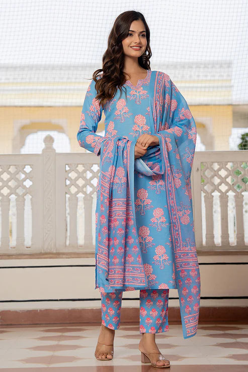 Blue Rayon Blend Floral Printed Straight Trouser Suit Set