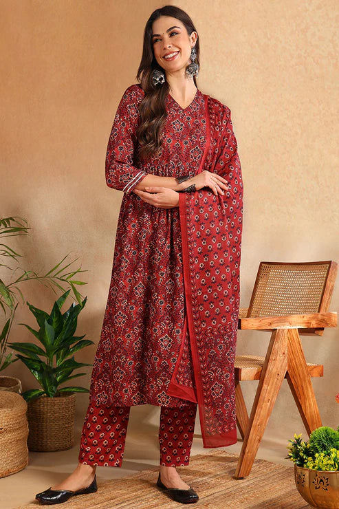 Red Rayon Blend Floral Printed A-Line Trouser Bottom Suit Set