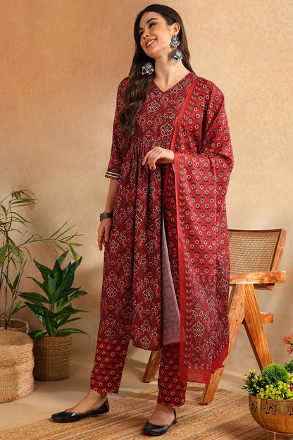 Red Rayon Blend Floral Printed A-Line Trouser Bottom Suit Set