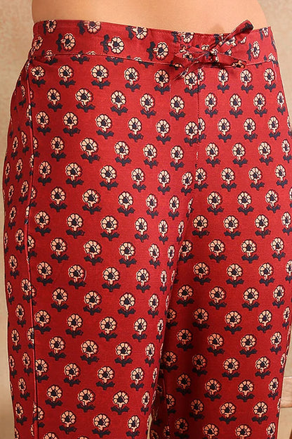 Red Rayon Blend Floral Printed A-Line Trouser Bottom Suit Set