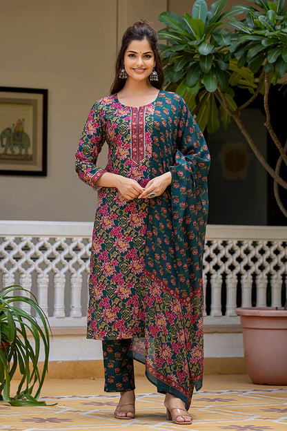 Green Rayon Blend Floral Printed Straight Suit Set With Trouser Bottom