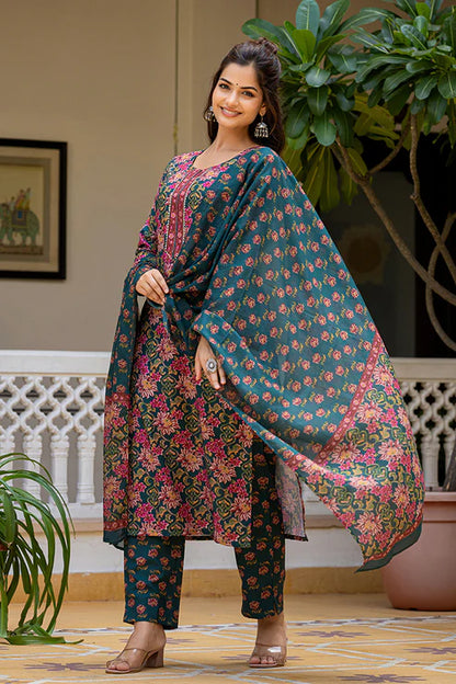 Green Rayon Blend Floral Printed Straight Suit Set With Trouser Bottom