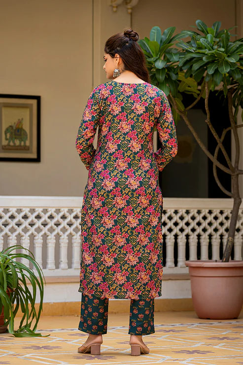 Green Rayon Blend Floral Printed Straight Suit Set With Trouser Bottom