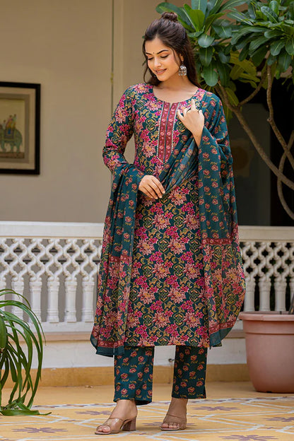 Green Rayon Blend Floral Printed Straight Suit Set With Trouser Bottom