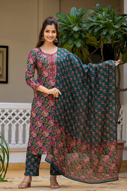 Green Rayon Blend Floral Printed Straight Suit Set With Trouser Bottom