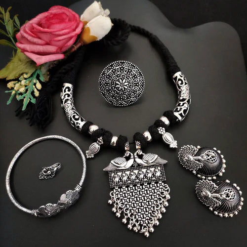 Oxidized Plated Necklace Combo Set With Earrings, Finger Ring, Nosepin And Elegant Design Kada