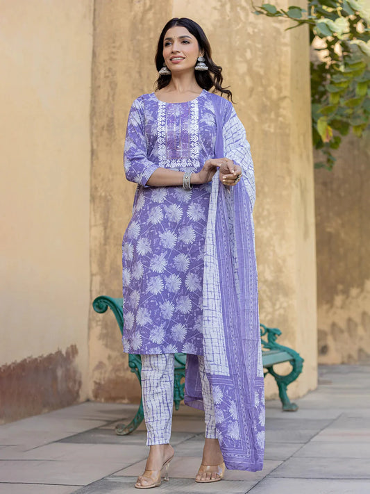 Violet Floral Print Straight Kurta Trouser And Dupatta Set-Yufta Store-6874SKDVLS