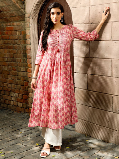 Peach Ethnic Floral Printed Pin Tuck A-Line Kurta