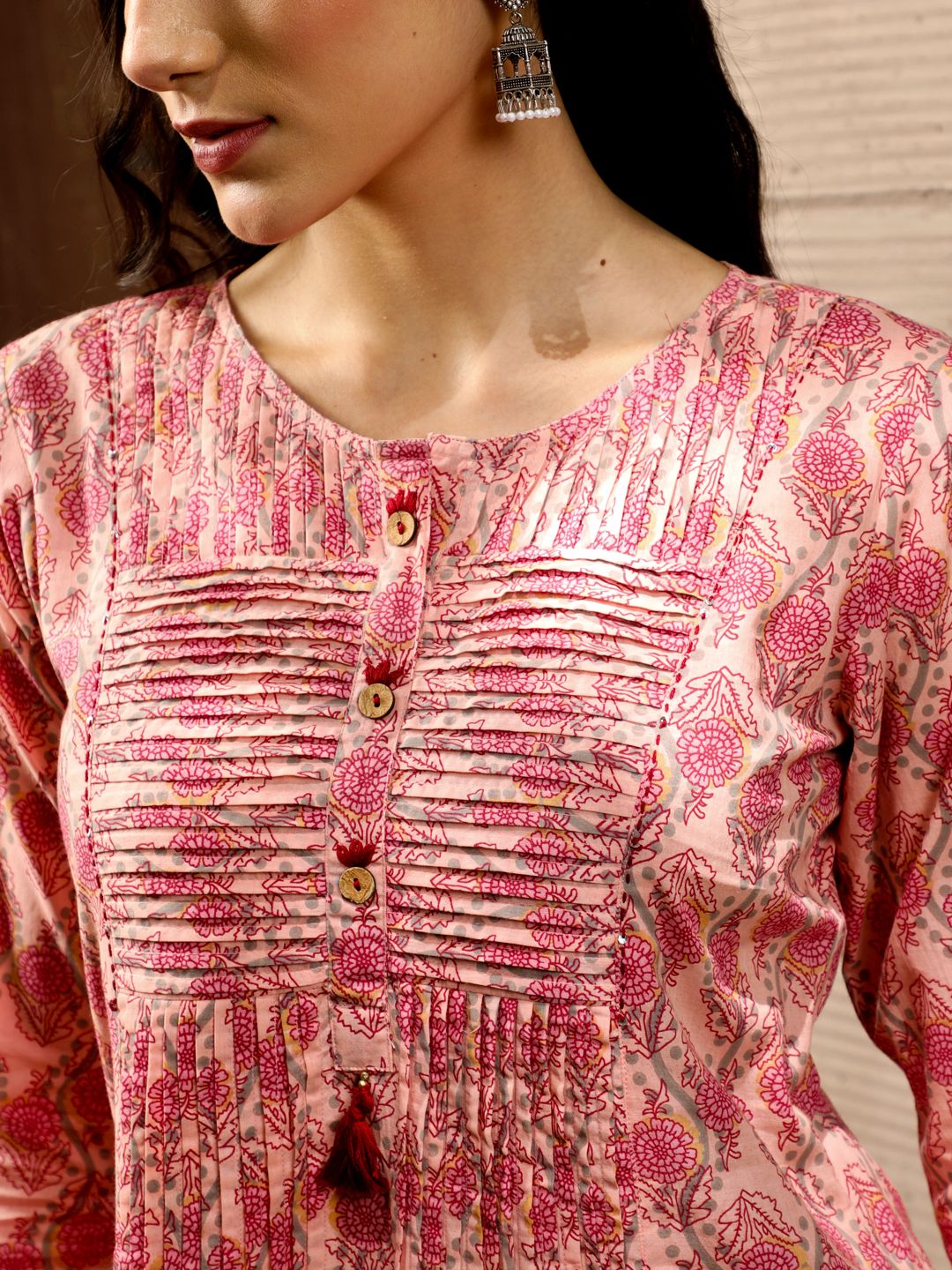 Peach Ethnic Floral Printed Pin Tuck A-Line Kurta