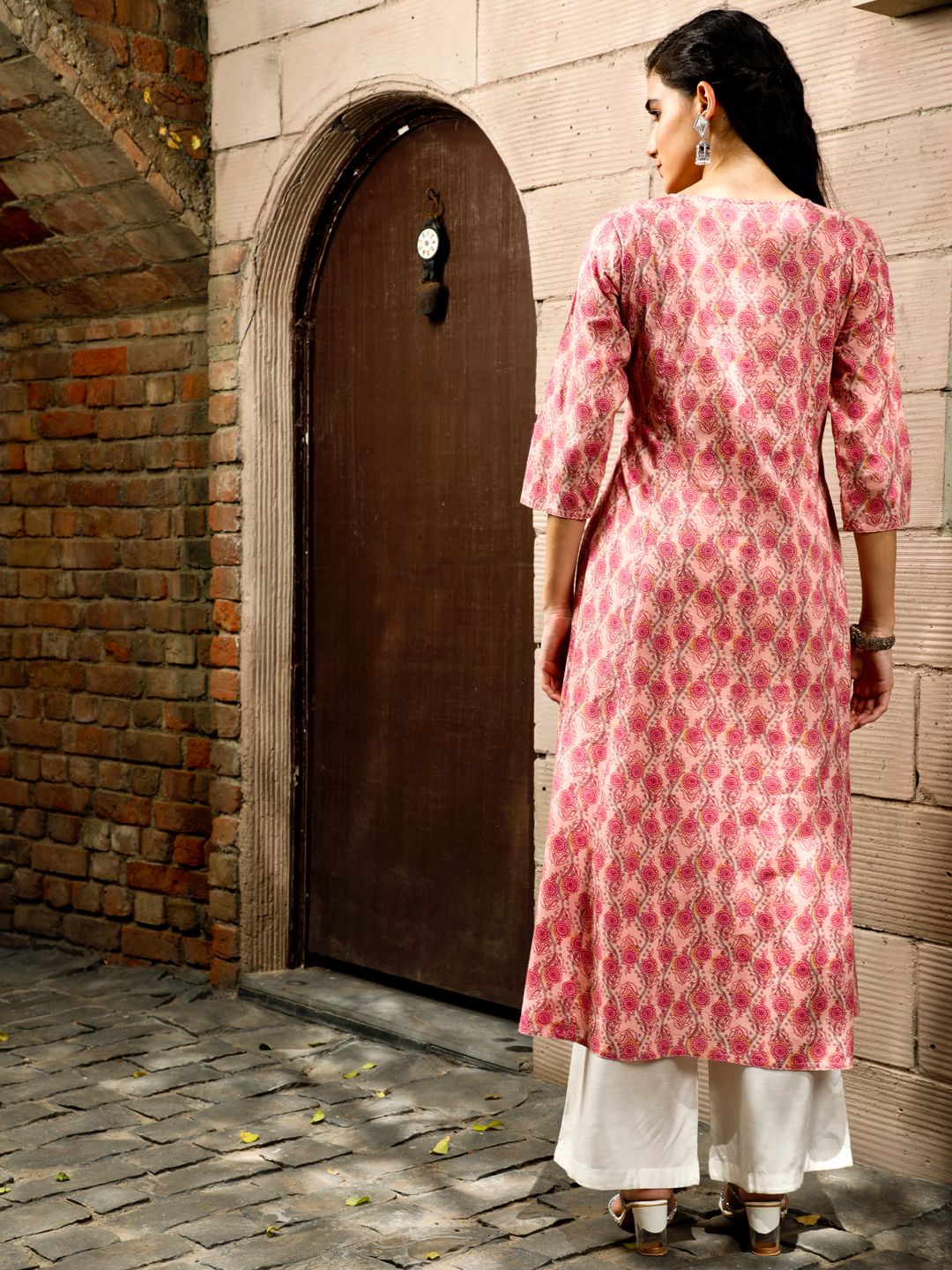 Peach Ethnic Floral Printed Pin Tuck A-Line Kurta