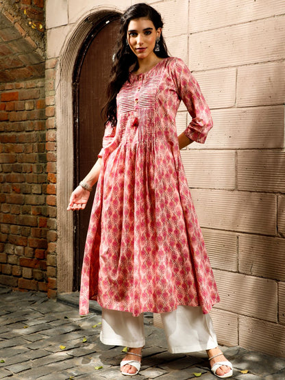 Peach Ethnic Floral Printed Pin Tuck A-Line Kurta