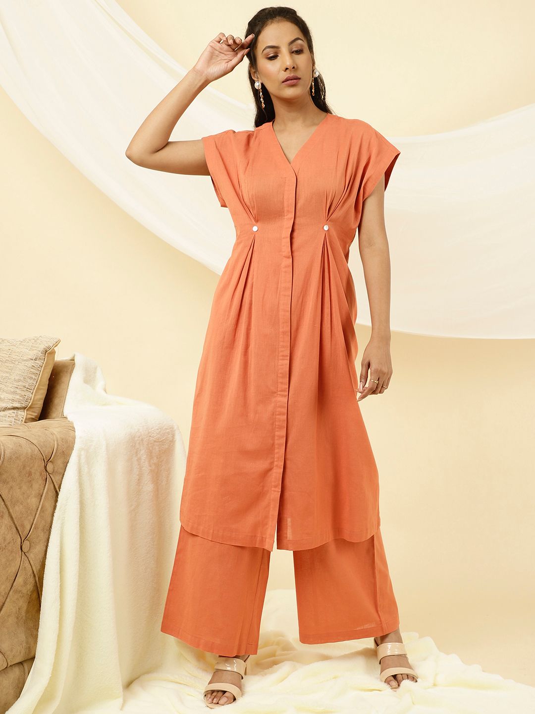 Orange Pleated Kurta With Palazzo Co-ord Set