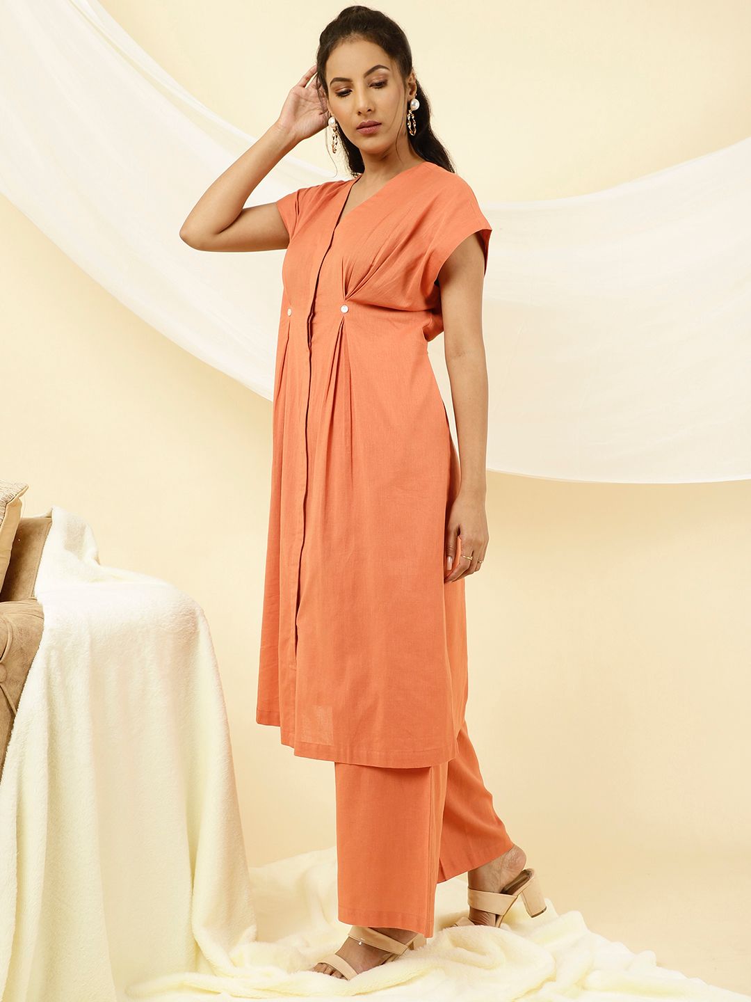 Orange Pleated Kurta With Palazzo Co-ord Set