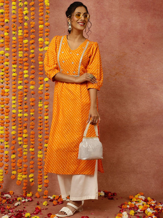 Zardozi Embroidered Orange Mothra Printed Straight Kurta