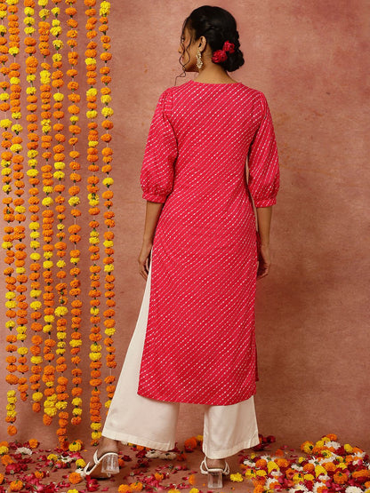 Zardozi Embroidered Fushia Mothra Printed Straight Kurta