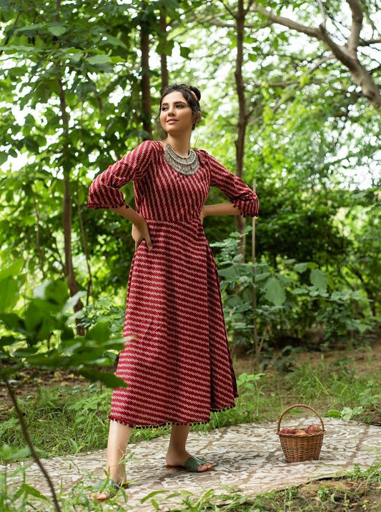 Maroon Geometric A-Line Cotton Kurta