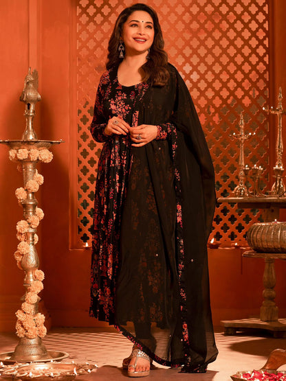 Black Ethnic Printed Zardozi Anarkali With Churidar And Dupatta