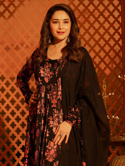 Black Ethnic Printed Zardozi Anarkali With Churidar And Dupatta