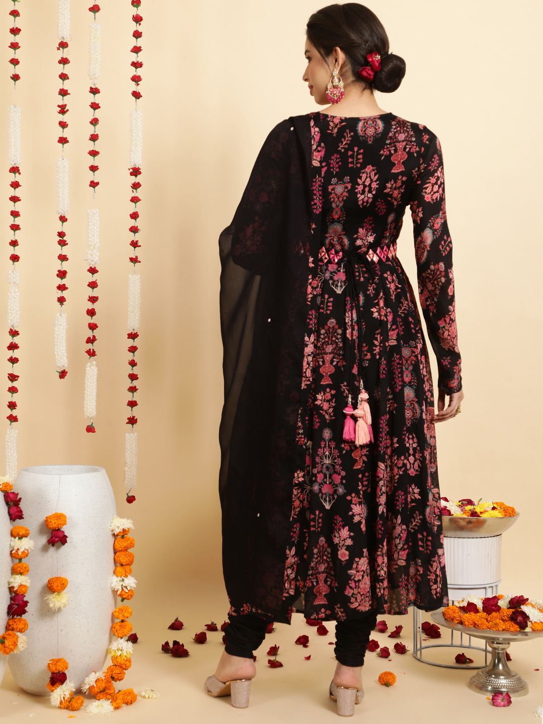 Black Ethnic Printed Zardozi Anarkali With Churidar And Dupatta