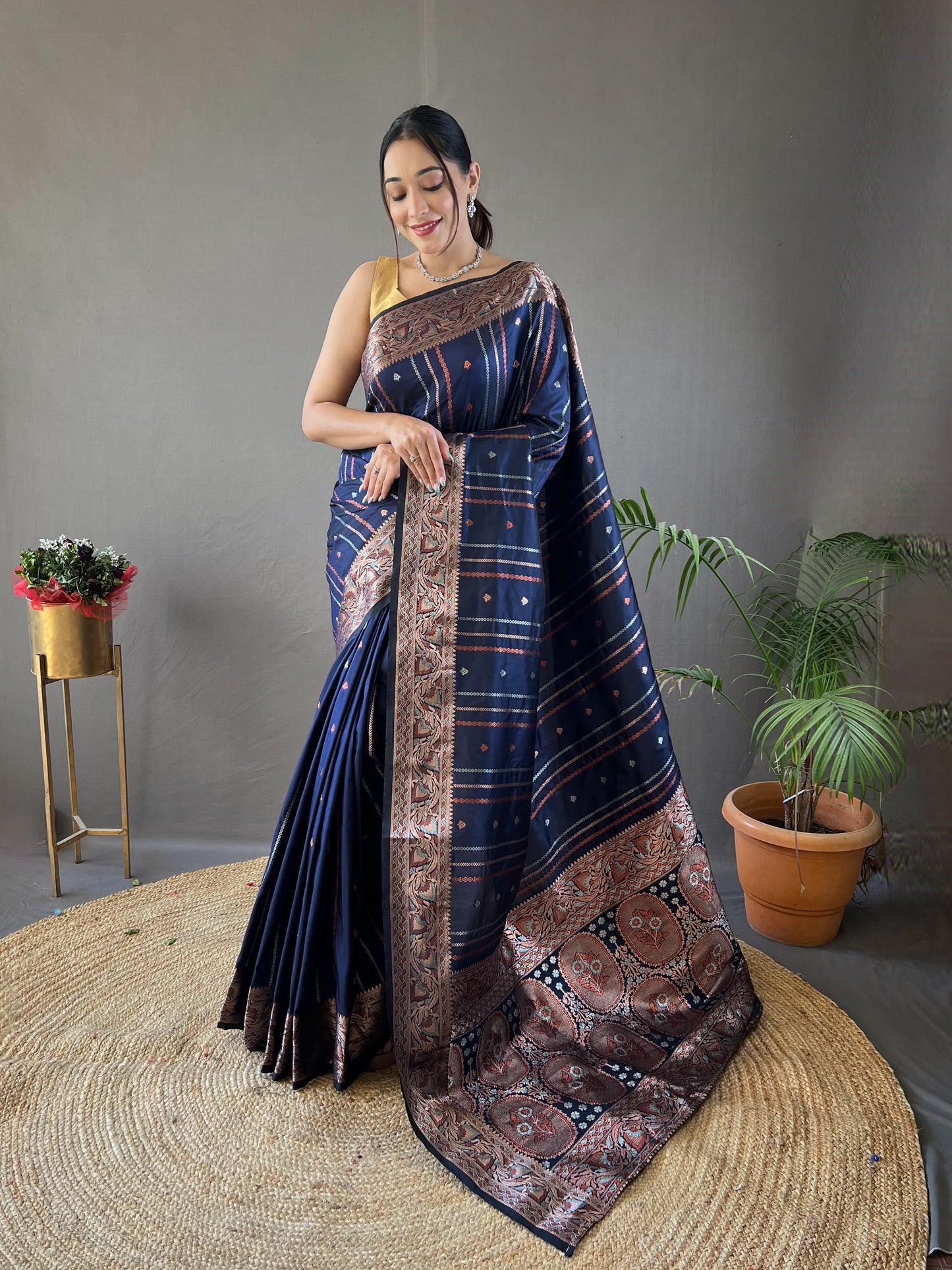 Navy Blue Copper & Antique Zari Saree