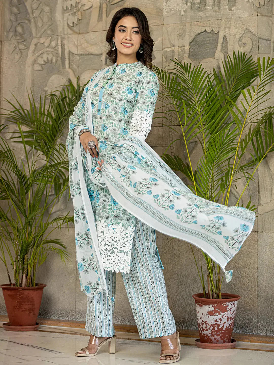 White And Sky Blue Floral Print Pakistani Style Kurta Trouser And Dupatta Set With Lace Work-Yufta Store-6886SKDSBM