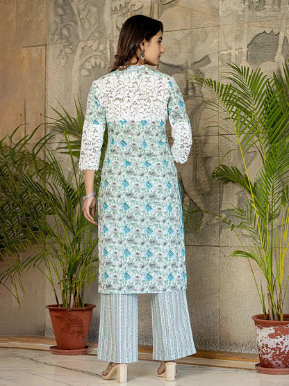 White And Sky Blue Floral Print Pakistani Style Kurta Trouser And Dupatta Set With Lace Work-Yufta Store-6886SKDSBM