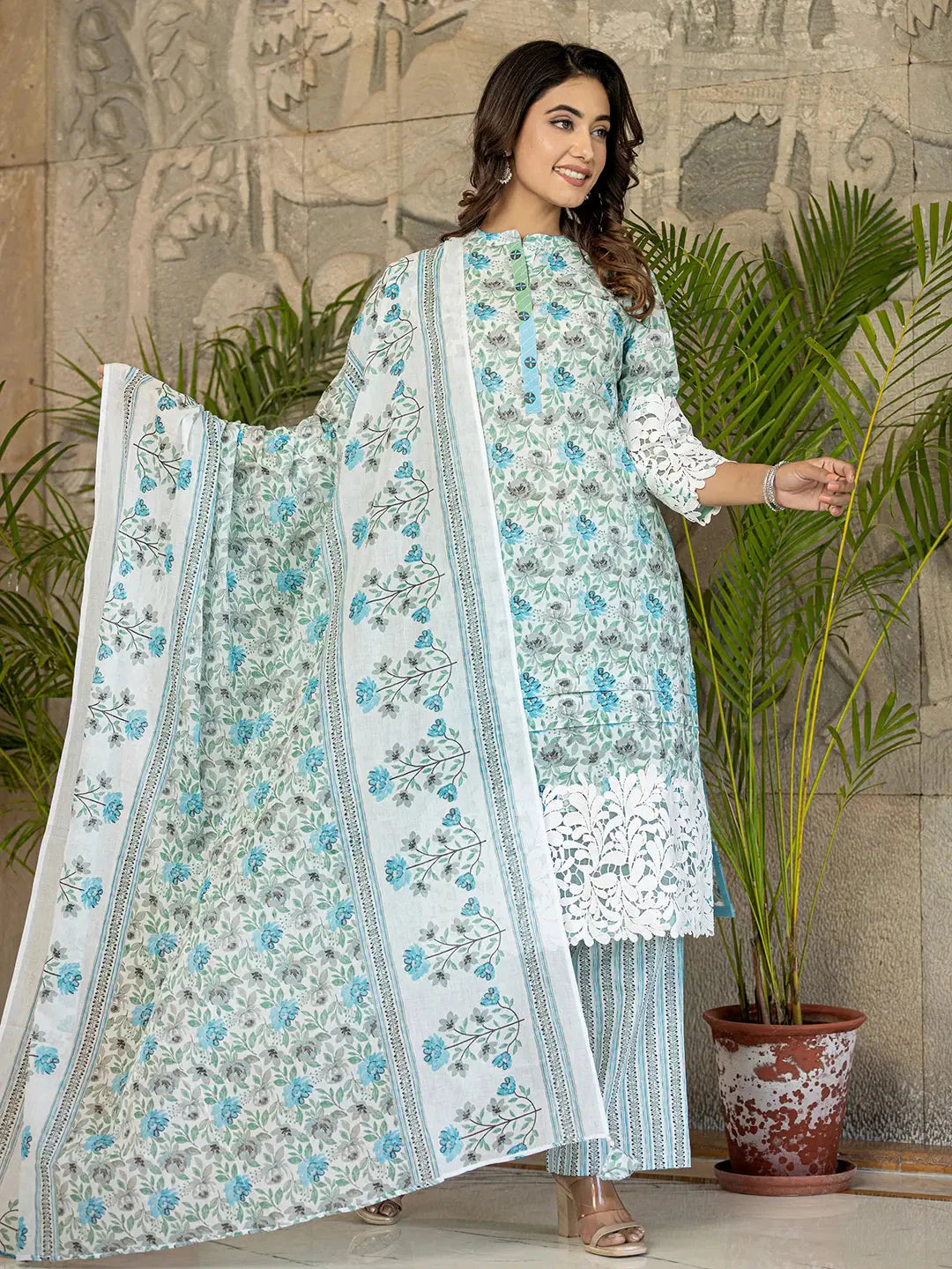 White And Sky Blue Floral Print Pakistani Style Kurta Trouser And Dupatta Set With Lace Work-Yufta Store-6886SKDSBM