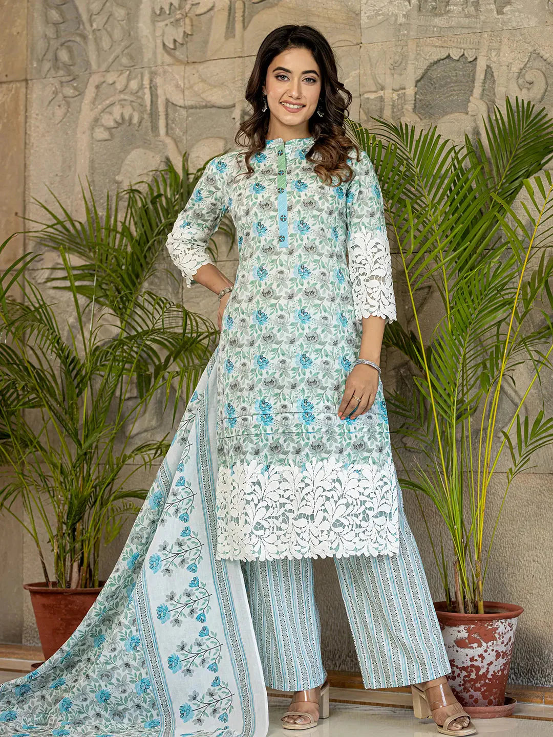 White And Sky Blue Floral Print Pakistani Style Kurta Trouser And Dupatta Set With Lace Work-Yufta Store-6886SKDSBM