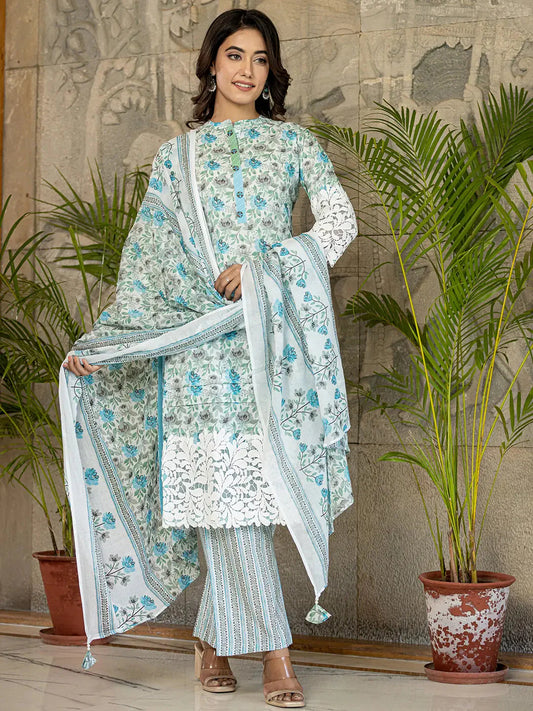 White And Sky Blue Floral Print Pakistani Style Kurta Trouser And Dupatta Set With Lace Work-Yufta Store-6886SKDSBM