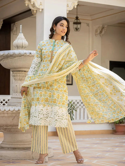 White And Yellow Floral Print Pakistani Style Kurta Trouser And Dupatta Set With Lace Work-Yufta Store-6886SKDYLM