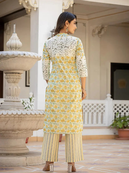 White And Yellow Floral Print Pakistani Style Kurta Trouser And Dupatta Set With Lace Work-Yufta Store-6886SKDYLM