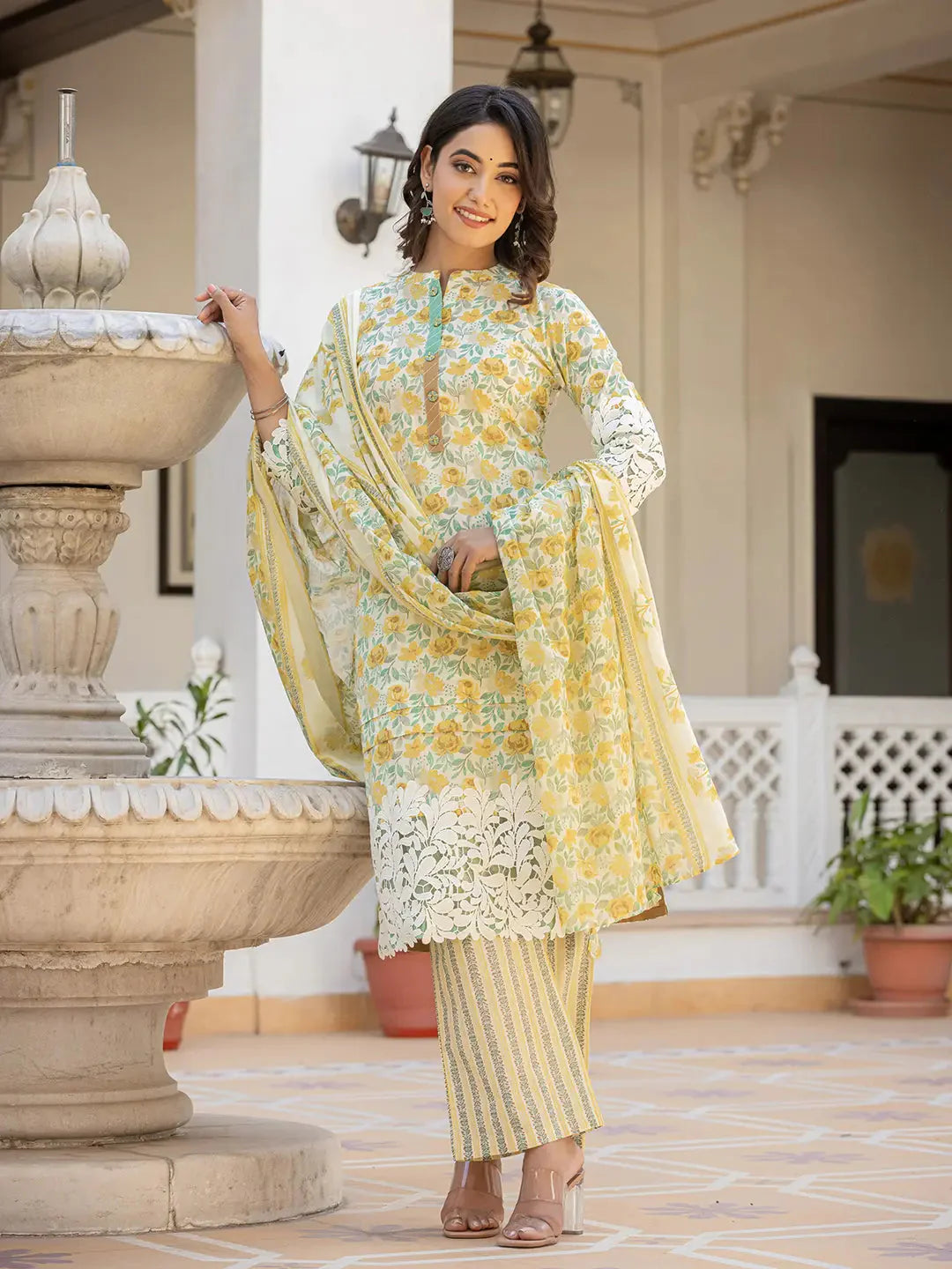 White And Yellow Floral Print Pakistani Style Kurta Trouser And Dupatta Set With Lace Work-Yufta Store-6886SKDYLM