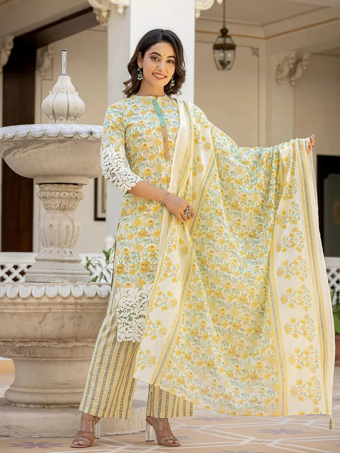 White And Yellow Floral Print Pakistani Style Kurta Trouser And Dupatta Set With Lace Work-Yufta Store-6886SKDYLM