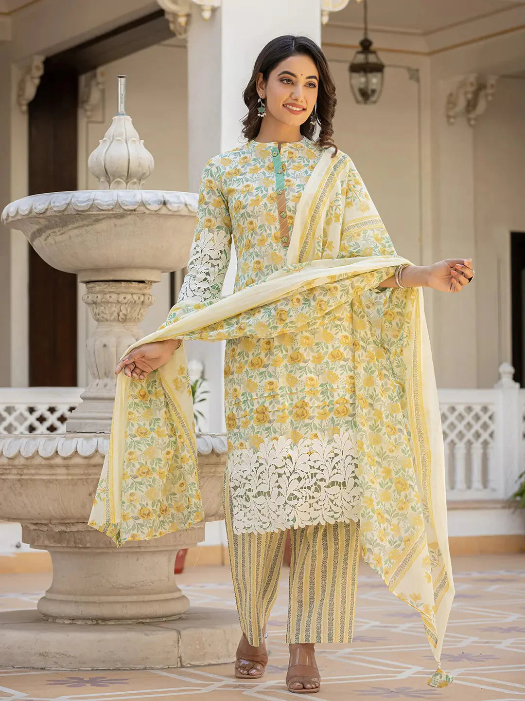 White And Yellow Floral Print Pakistani Style Kurta Trouser And Dupatta Set With Lace Work-Yufta Store-6886SKDYLM