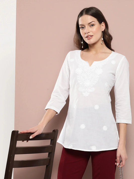 White Floral Chikankari Embroidered Pure Cotton Top-Yufta Store-1861TOPWHS