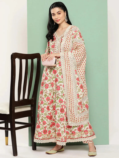 White Floral Printed Regular Pure Cotton Kurta with Trousers & Dupatta-Yufta Store-1316SKDWHS