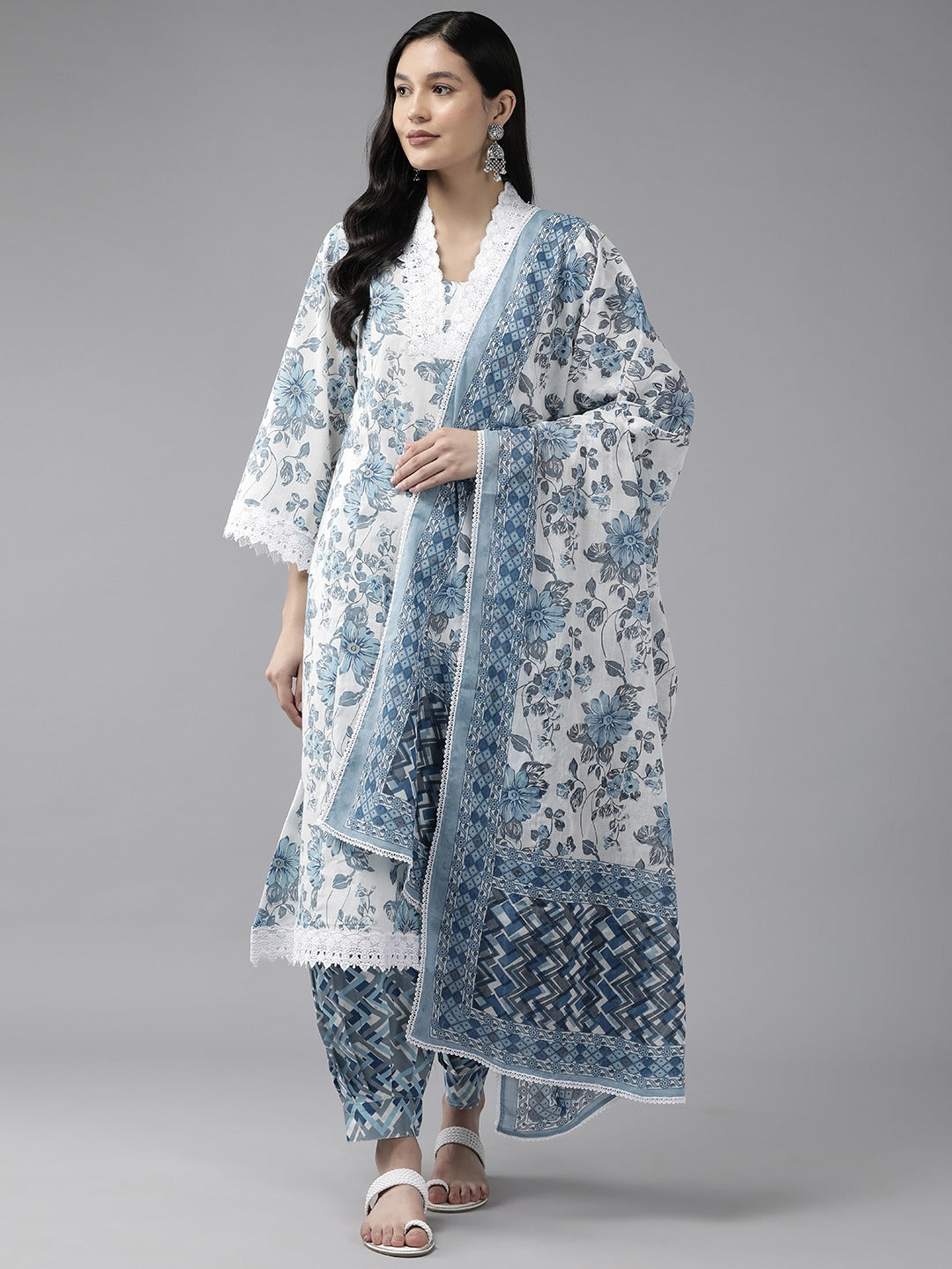 White Floral Printed Thread Work Pure Cotton Kurta with Harem Pants & With Dupatta Set-Yufta Store-1462SKDWHS