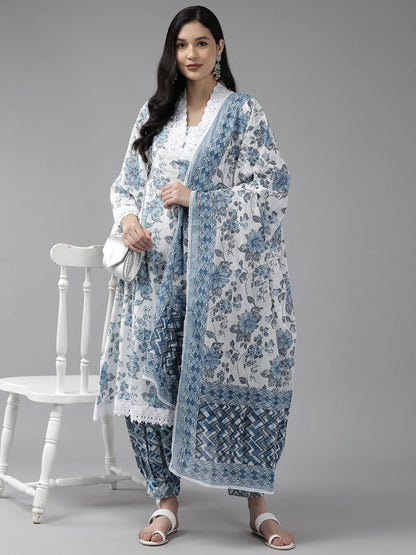 White Floral Printed Thread Work Pure Cotton Kurta with Harem Pants & With Dupatta Set-Yufta Store-1462SKDWHS