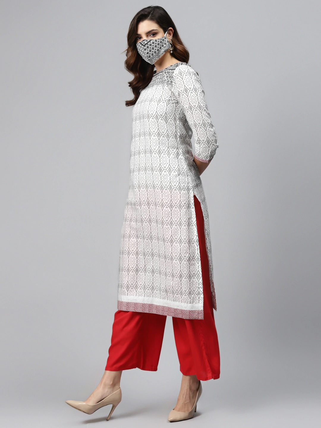 White & Grey Pure Cotton Printed Straight Kurta Orchids Boutique