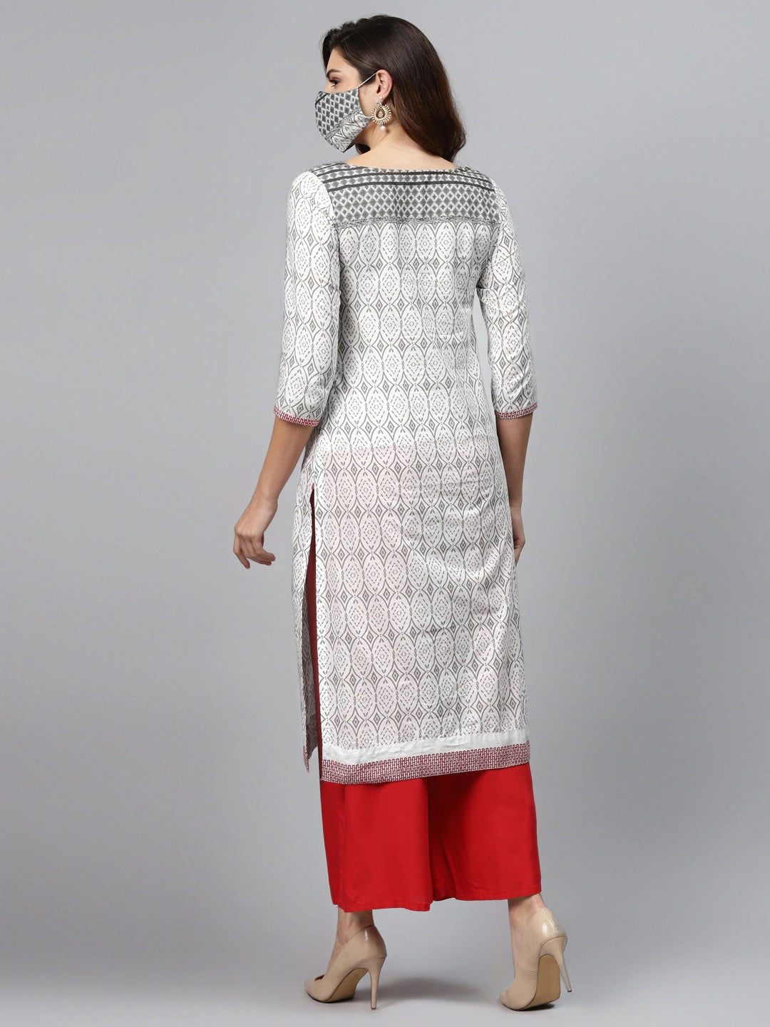 White & Grey Pure Cotton Printed Straight Kurta Orchids Boutique