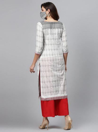 White & Grey Pure Cotton Printed Straight Kurta Orchids Boutique