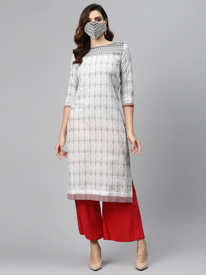 White & Grey Pure Cotton Printed Straight Kurta Orchids Boutique