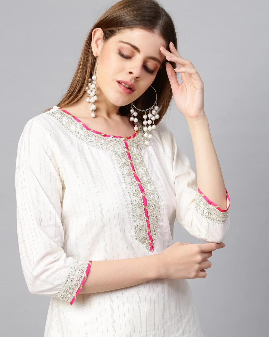 White Lurex Fabric Heavy Cross Lace Kurti With Pant & Dupatta Orchids Boutique