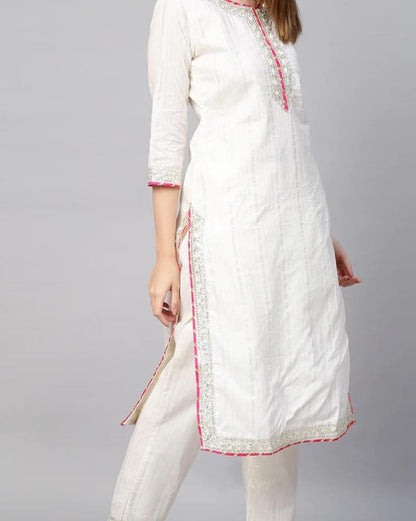 White Lurex Fabric Heavy Cross Lace Kurti With Pant & Dupatta Orchids Boutique