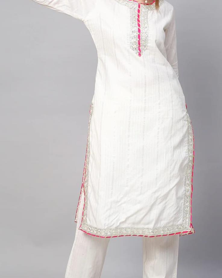 White Lurex Fabric Heavy Cross Lace Kurti With Pant & Dupatta Orchids Boutique