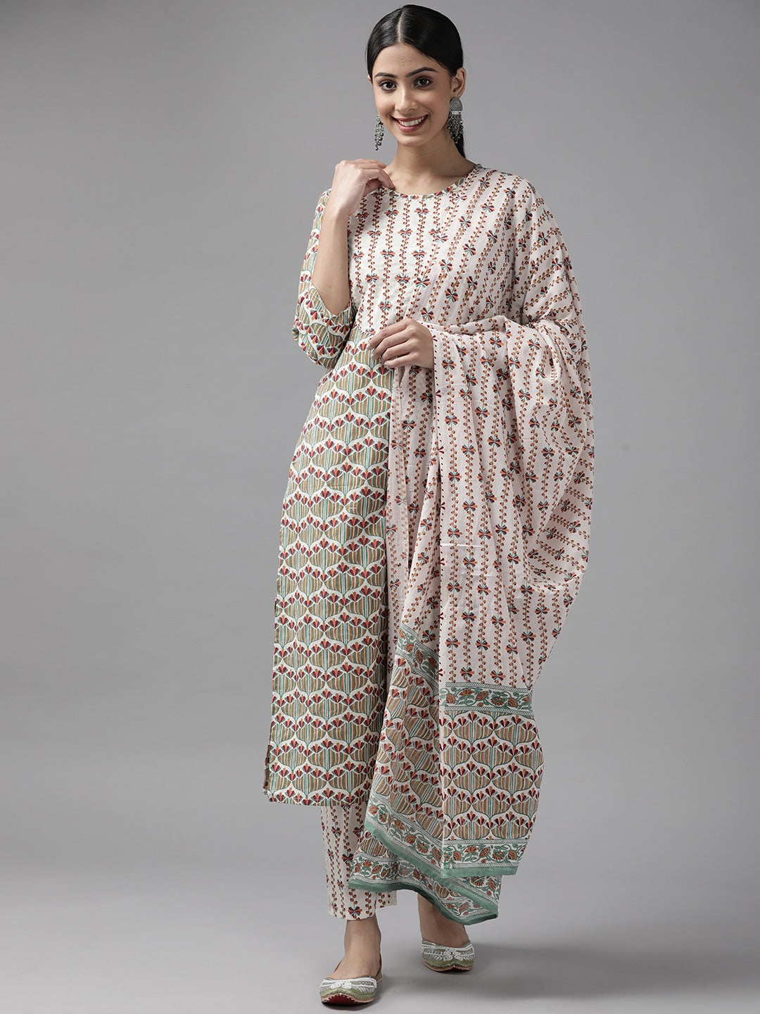 White Printed Dupatta Set-Yufta Store-9692SKDWHS